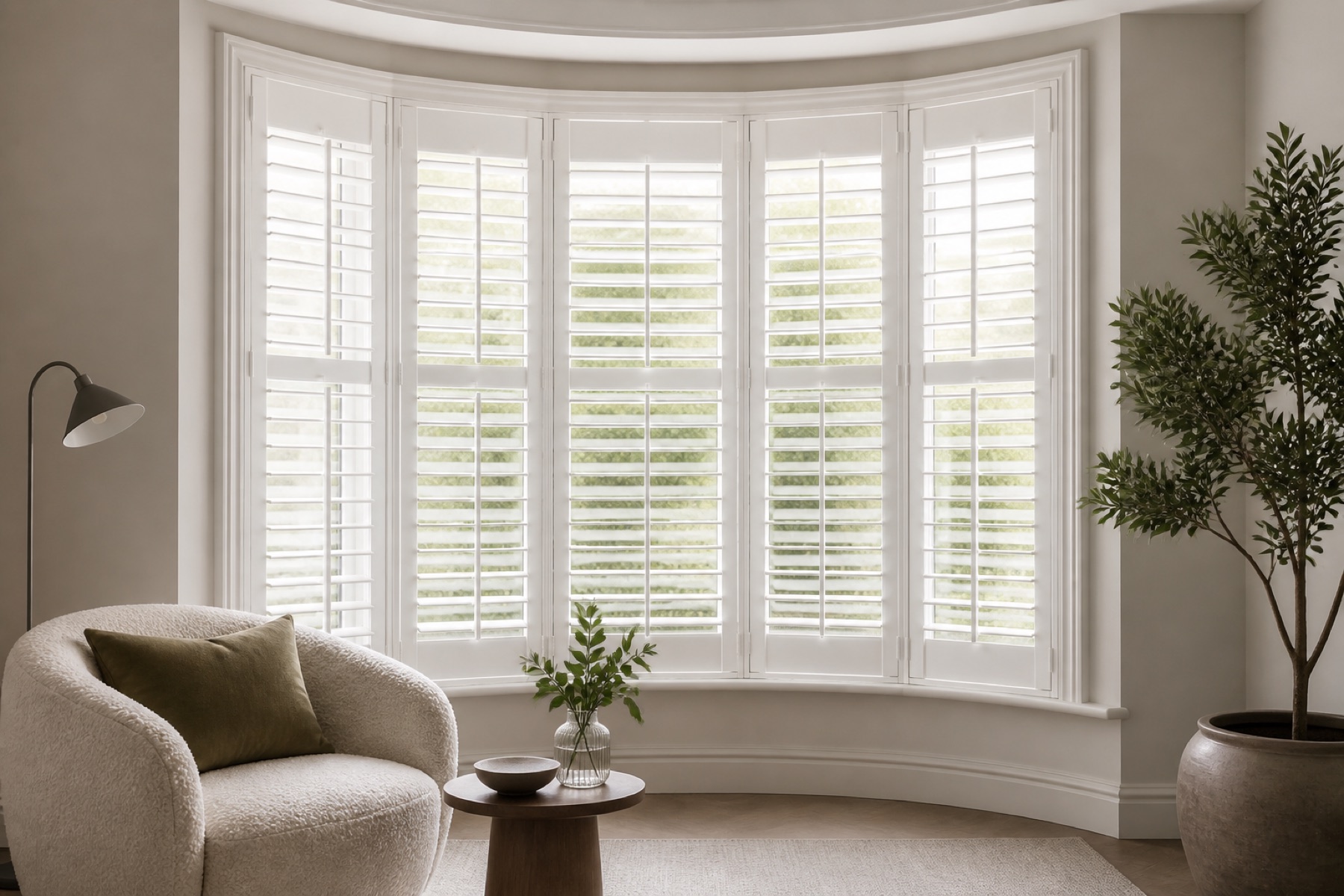 White plantation shutters fitted to a curved bay window