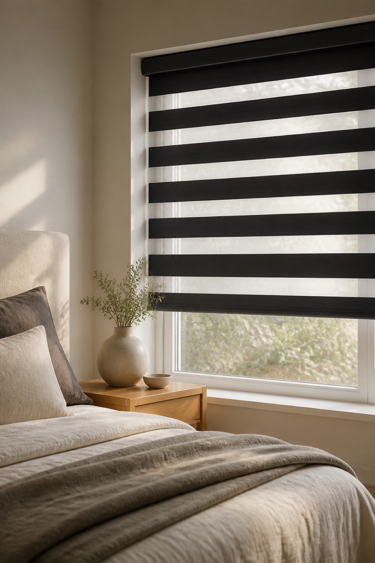 Close view of alternating sheer and opaque bands on a Day and Night blind in a bedroom