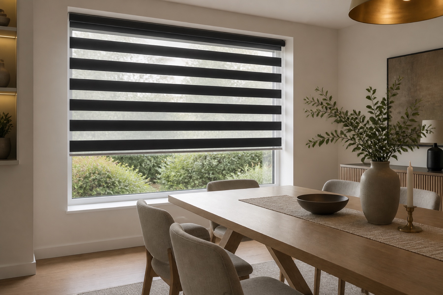 Black and white Day and Night blind fitted in a bright contemporary dining room