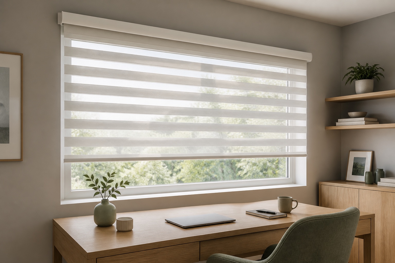 Wide free-hanging Day and Night blind mounted above a home-office window
