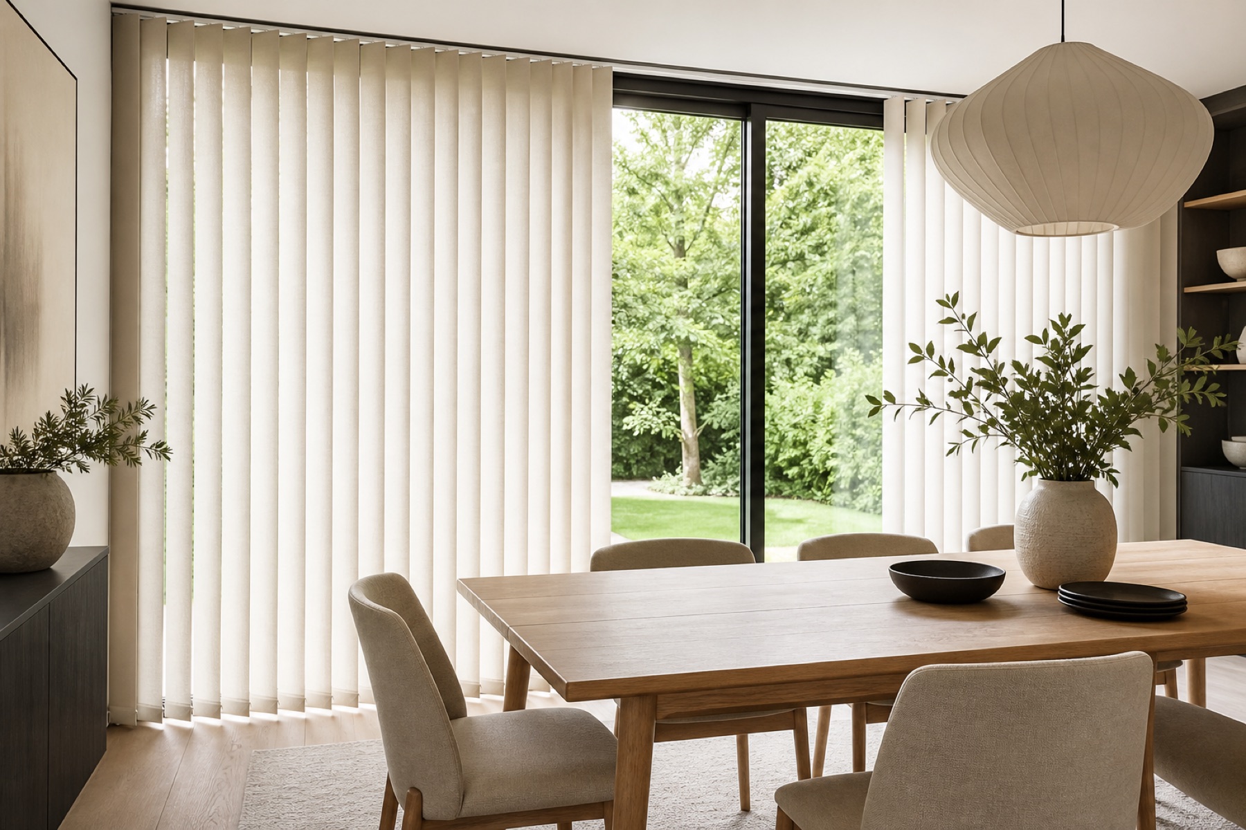 Ivory vertical blinds beside a light oak dining table