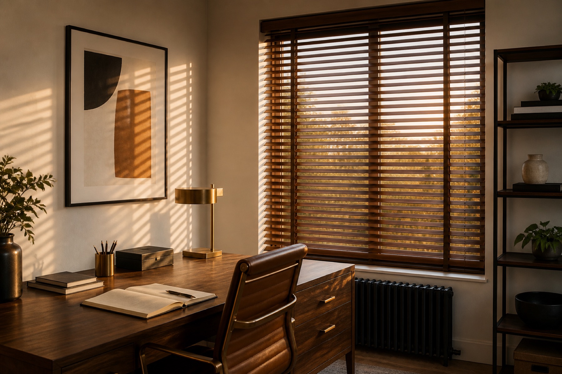 Walnut Venetian blinds in a sophisticated home office