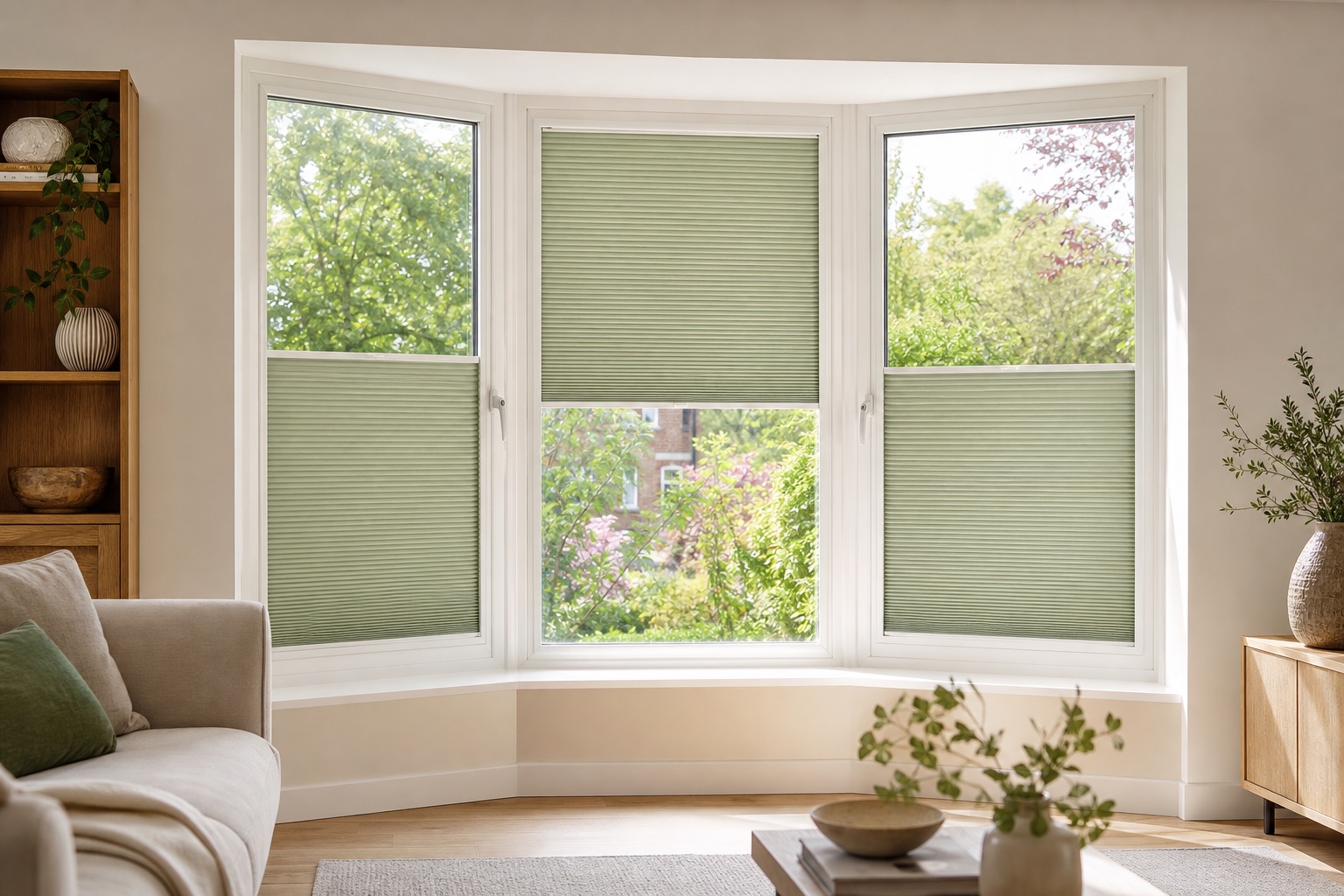Sage pleated blinds positioned independently across a bay window