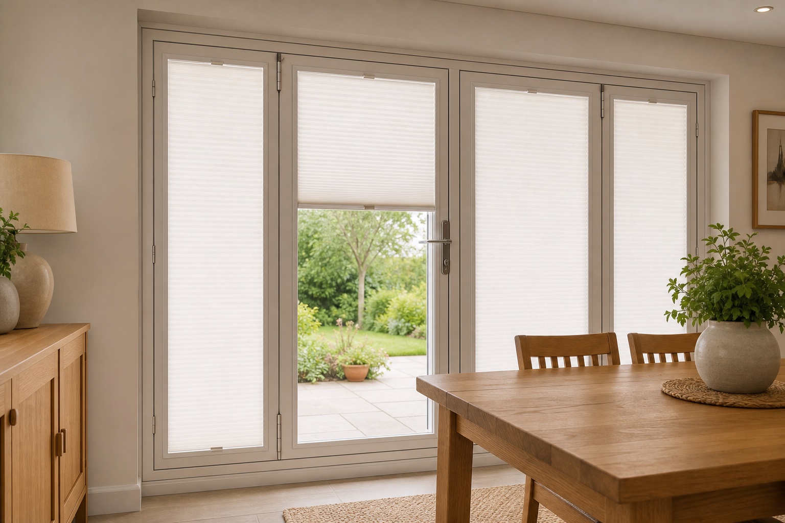 Soft white Perfect Fit pleated blinds fitted individually to glazed patio doors
