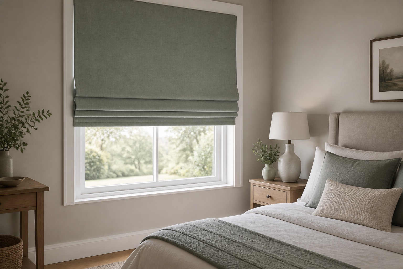 Sage Roman blind partly raised above a bedroom window