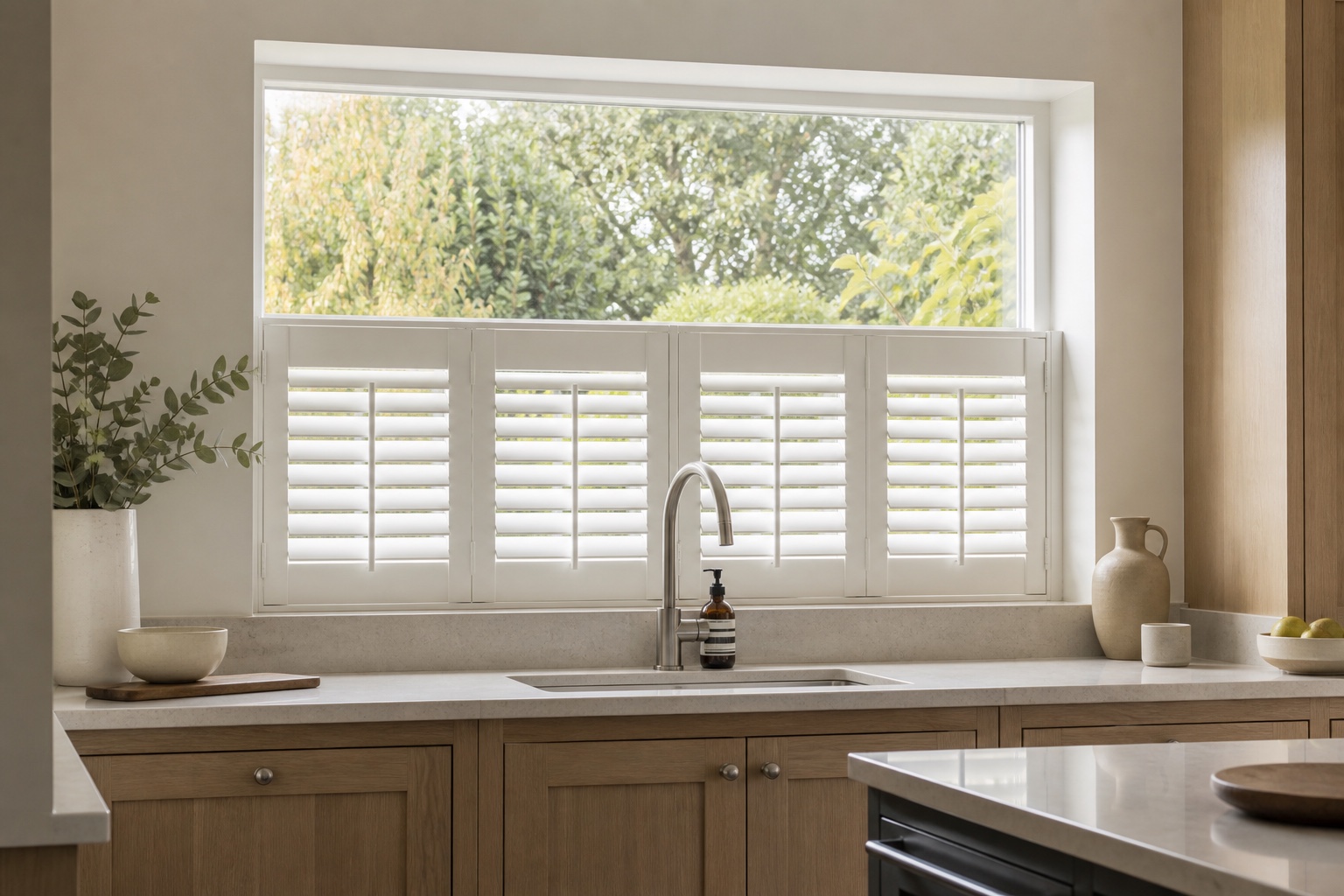 White café-style shutters covering the lower half of a wide kitchen window