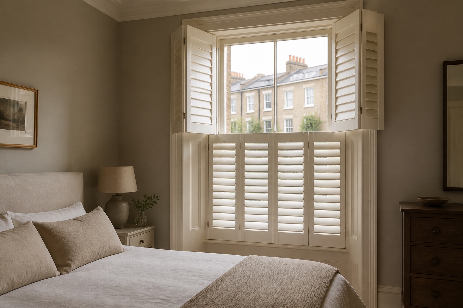 Tier-on-tier white shutters with open upper panels in a calm bedroom