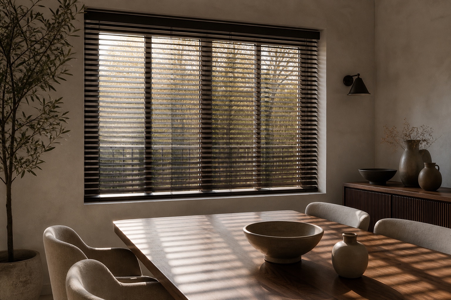 Dark bronze Venetian blinds casting striped light across a dining room