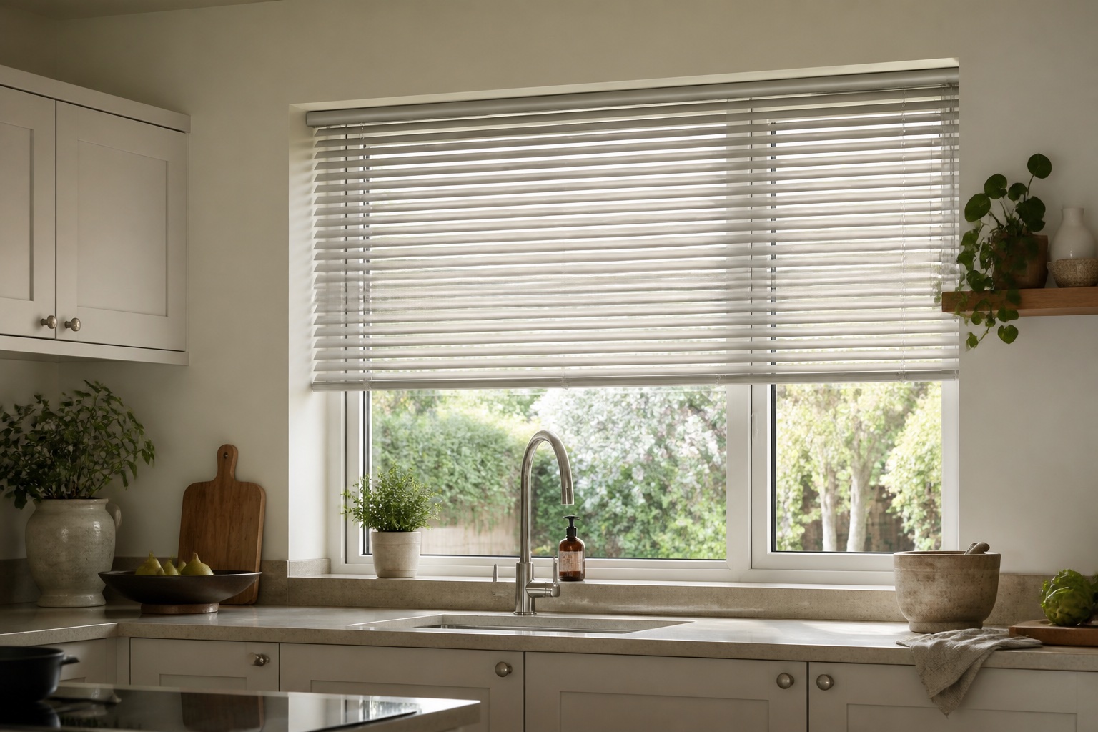 Slim off-white Venetian slats angled above a kitchen sink