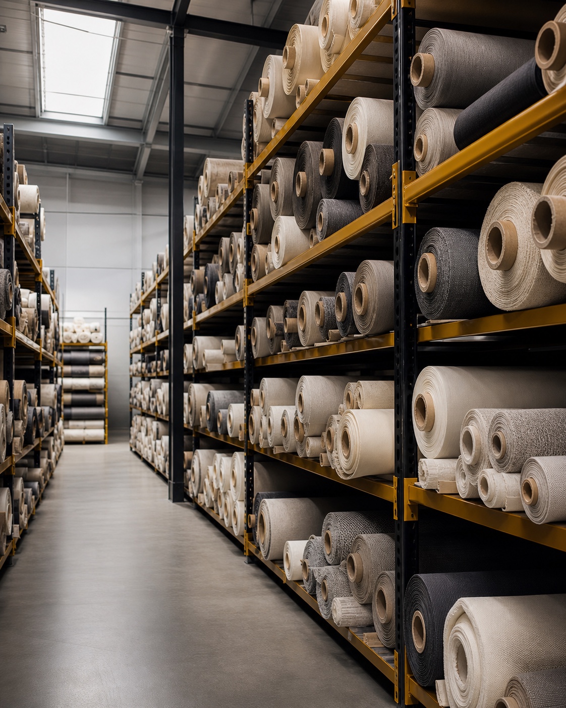 Shelving filled with rolls of blind fabric in a wholesale warehouse