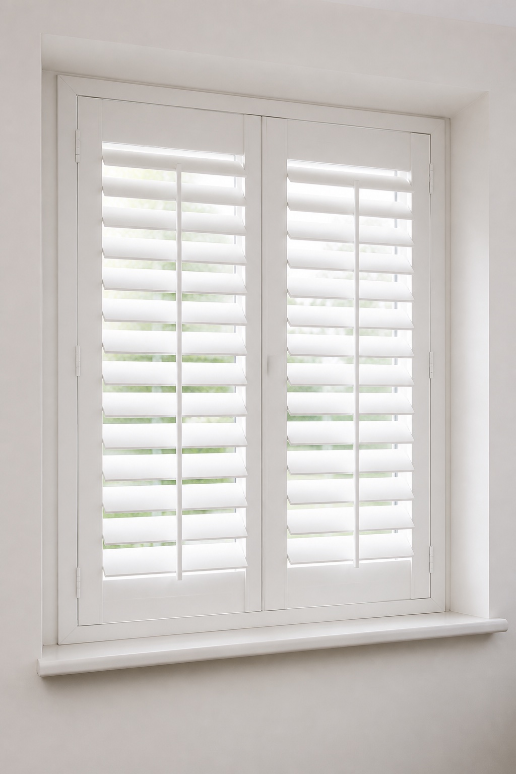 White plantation shutters fitted within a window frame