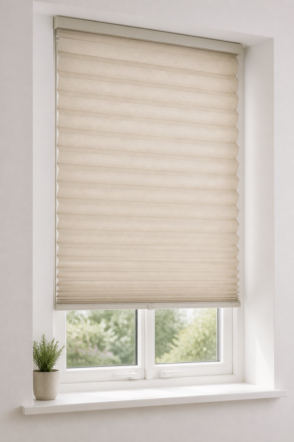 Warm ivory pleated blind fitted neatly within a window opening